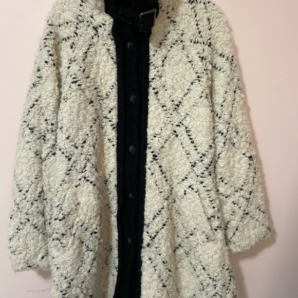 Free People high collar wool blend textured boucle-knit buttons closure coat